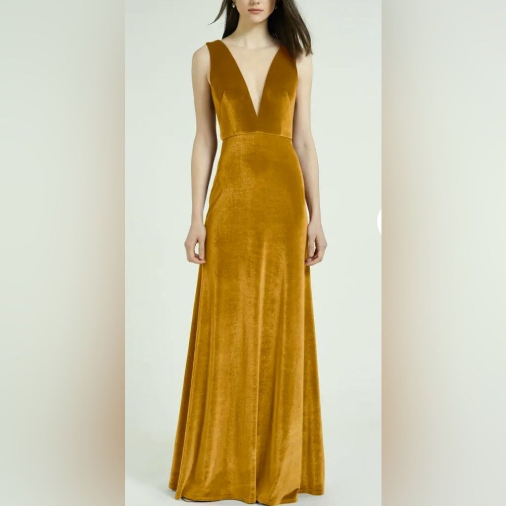 Jenny Yoo Velvet Dress Plunge V-Neck in Marigold Size 2